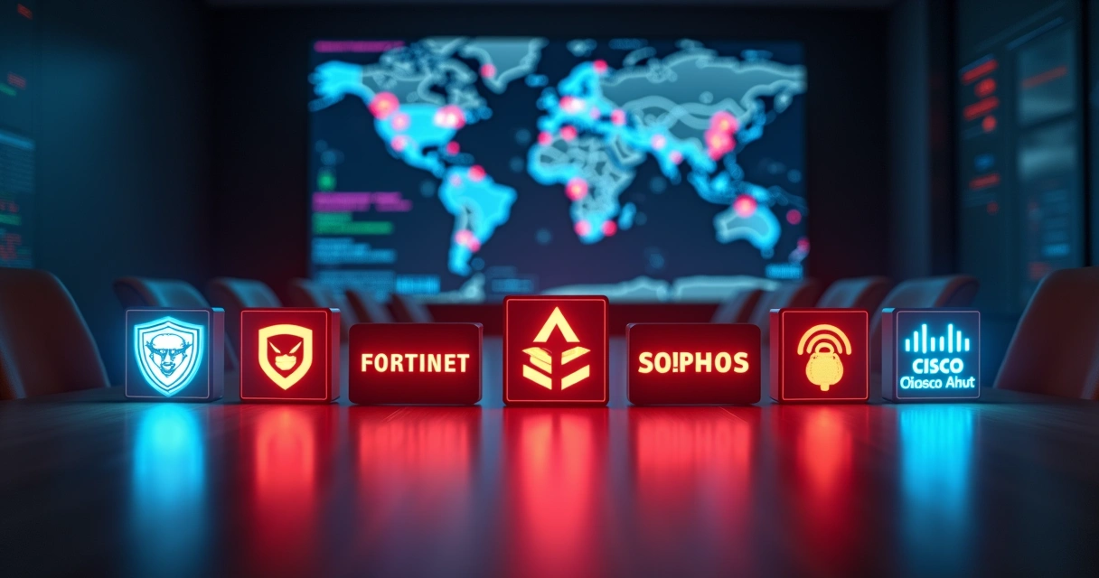 Logos de fabricantes de firewall lado a lado em sala de tecnologia 