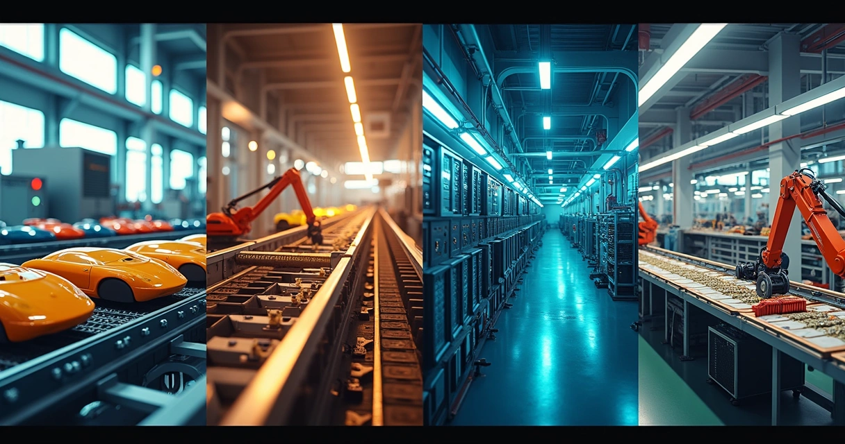 Lista Atualizada de Indústrias no Brasil por Setor e Região 7 Vista de diferentes setores industriais lado a lado: alimentos, automóveis, tecnologia e mineração