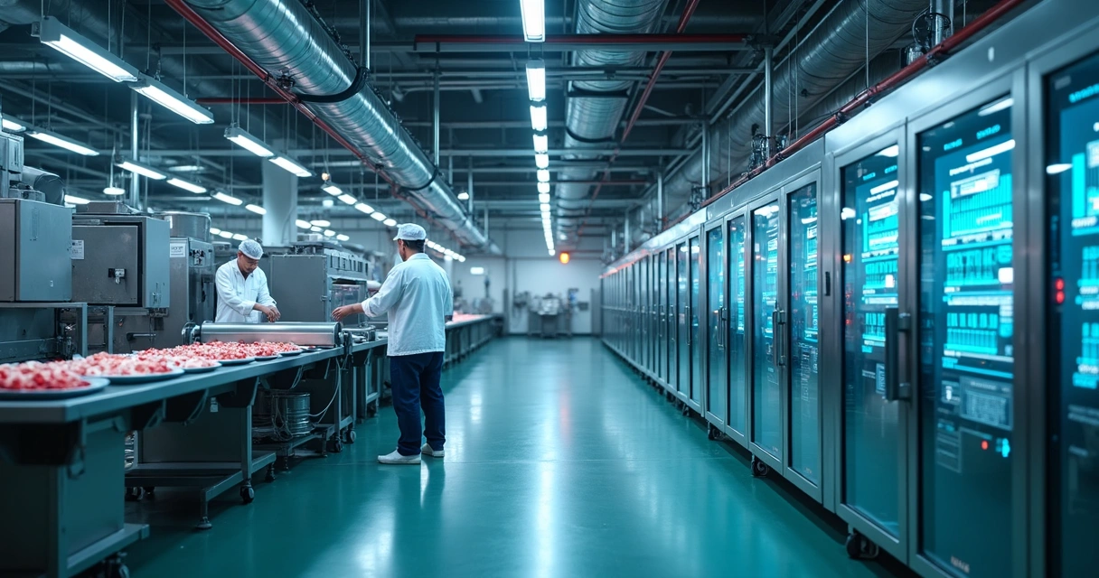 Interior de fábrica de alimentos com sensores IoT instalados nas máquinas 