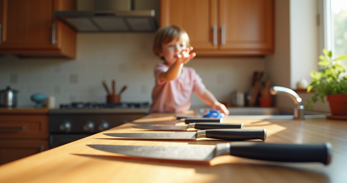 Facas e tesouras sobre bancada de cozinha 