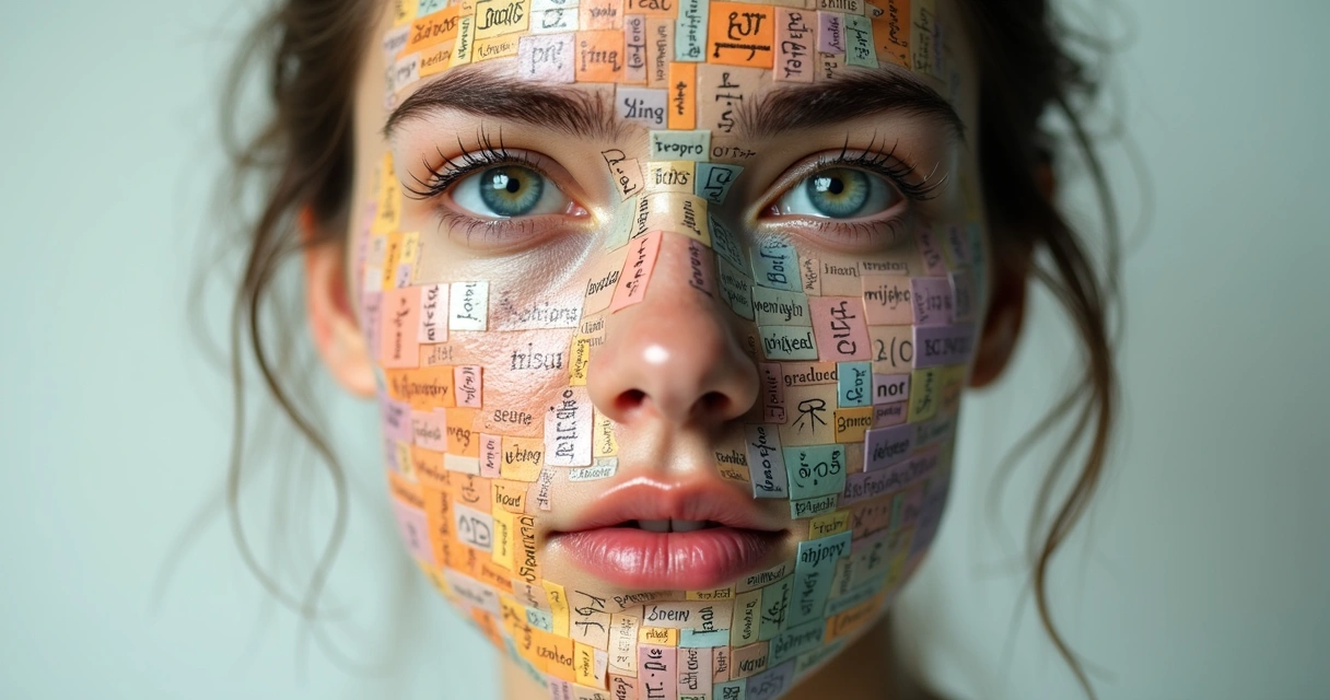 Human face made of colorful tiles with emotion words on each piece 