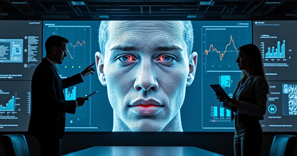 Zoom on a digital face showing artifacts and analysis lines 