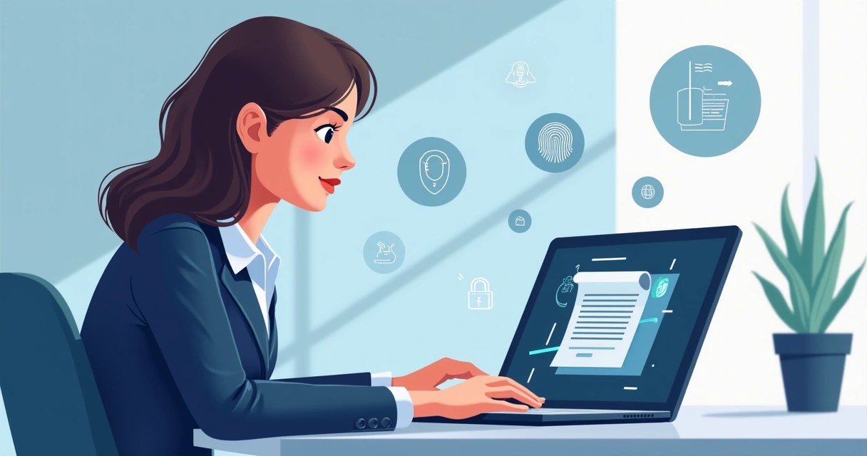 Businesswoman using face recognition to sign a digital contract on her laptop 