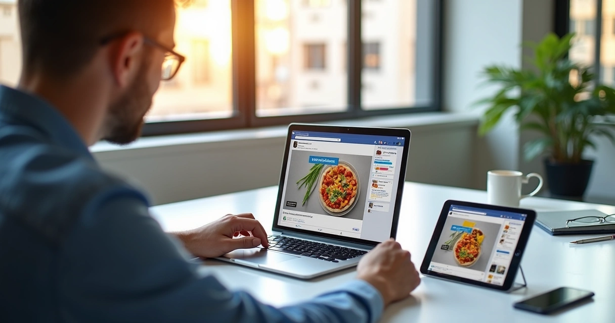 Digital marketers reviewing Facebook ad visuals on laptops and tablets at a modern workspace. 