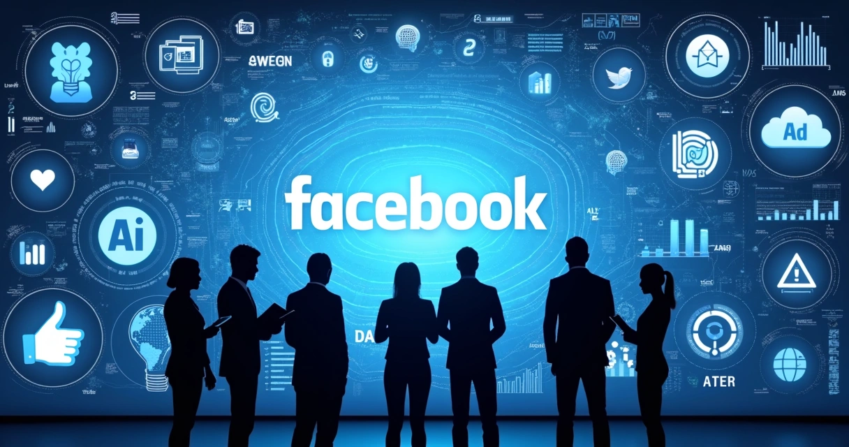 Facebook algorithm icons and data charts on a large digital screen, people analyzing. 