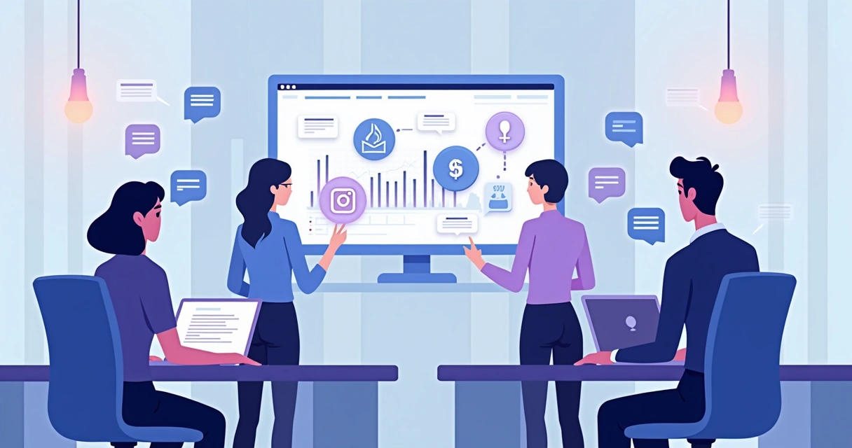 Pessoas olhando para painel central com Facebook e Instagram 