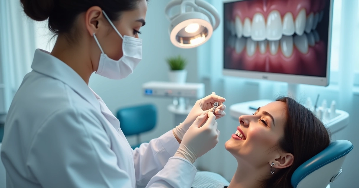 Dentista mostrando faceta em dente sem desgaste para paciente em consultório moderno 