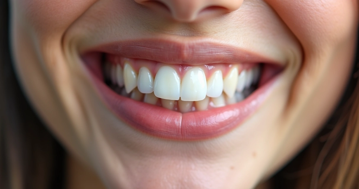 Close-up de sorriso com facetas de resina composta nos dentes frontais, iluminação natural sobre boca aberta mostrando dentes brancos e alinhados