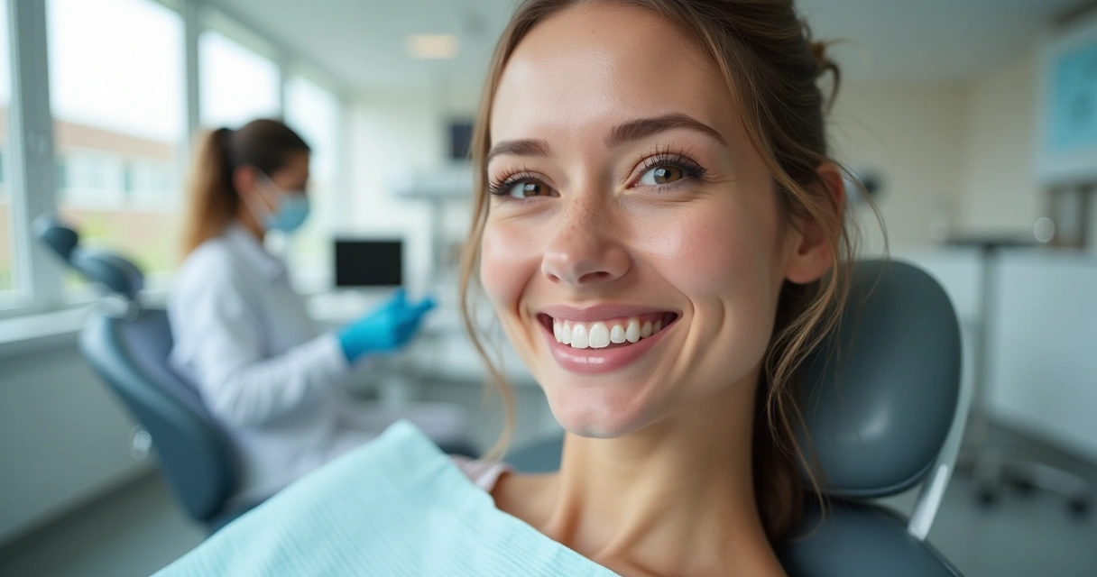 Paciente sorrindo mostrando facetas dentárias com aparência natural, em clínica odontológica moderna 