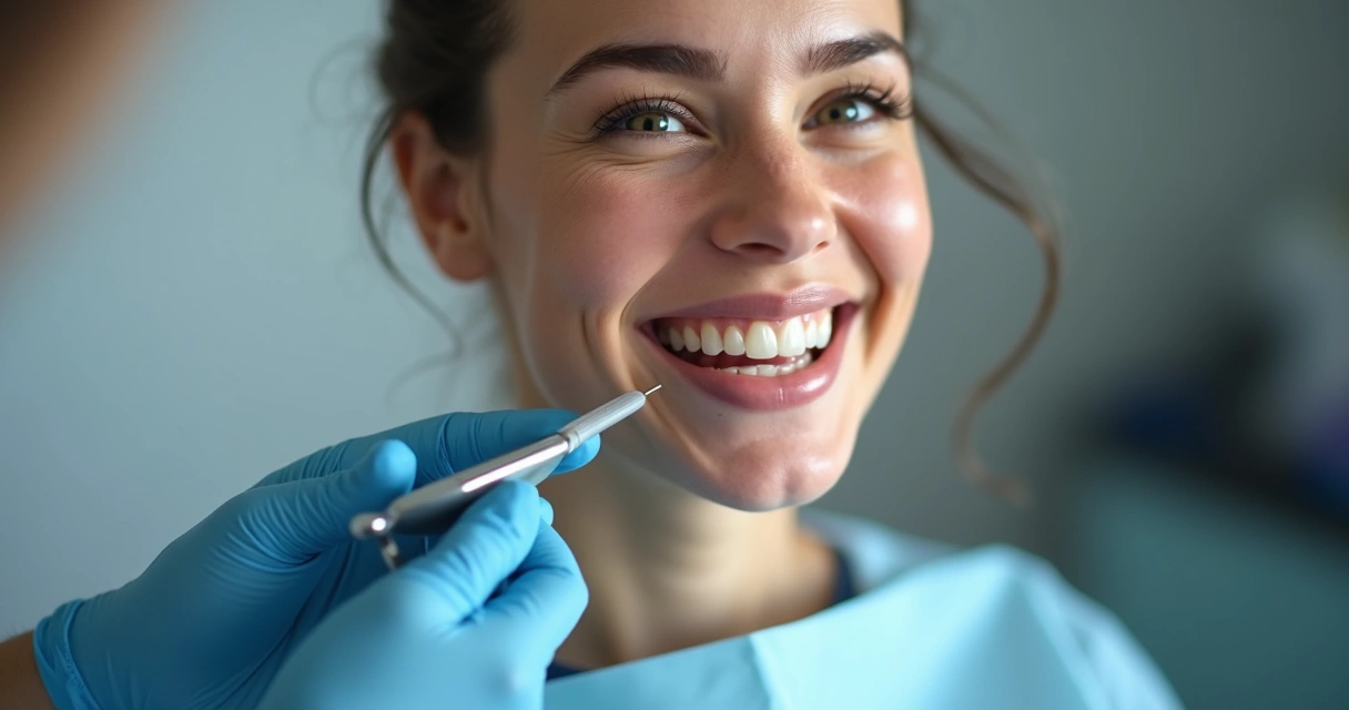 Paciente sorrindo enquanto dentista aplica faceta de resina nos dentes com ambiente clínico moderno ao fundo 