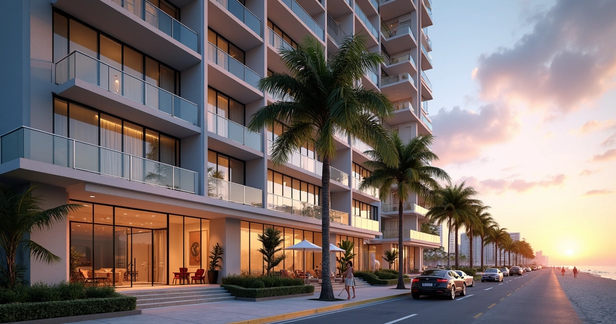 Fachada moderna do condomínio 72 Park em Miami Beach ao pôr do sol 