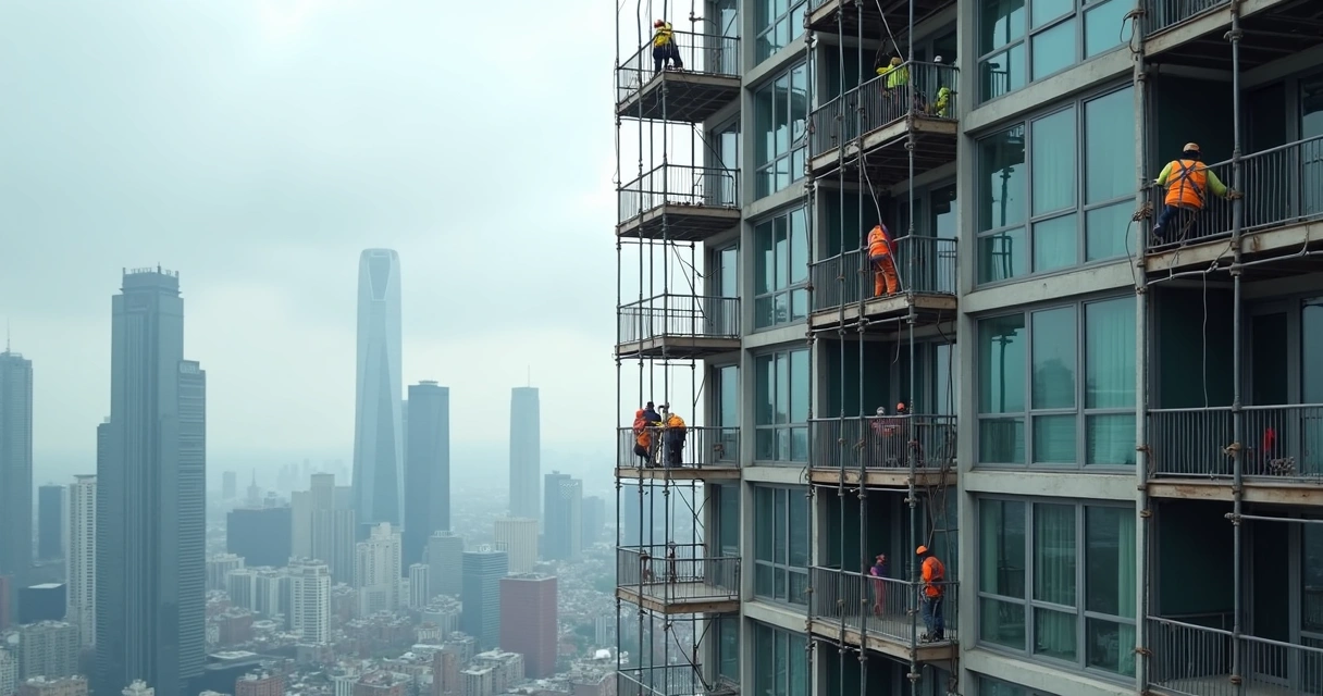 Equipes realizando manutenção em fachada de edifício alto com andaimes e EPIs 