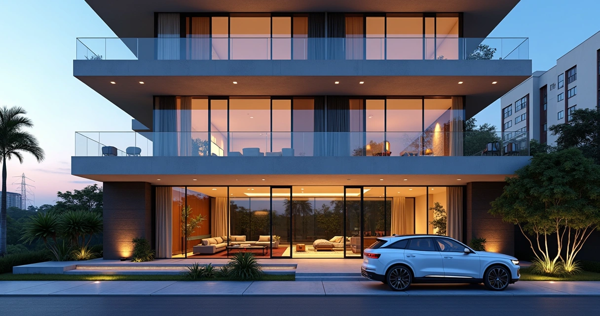 Fachada envidraçada de edifício residencial de alto padrão à noite com iluminação moderna 