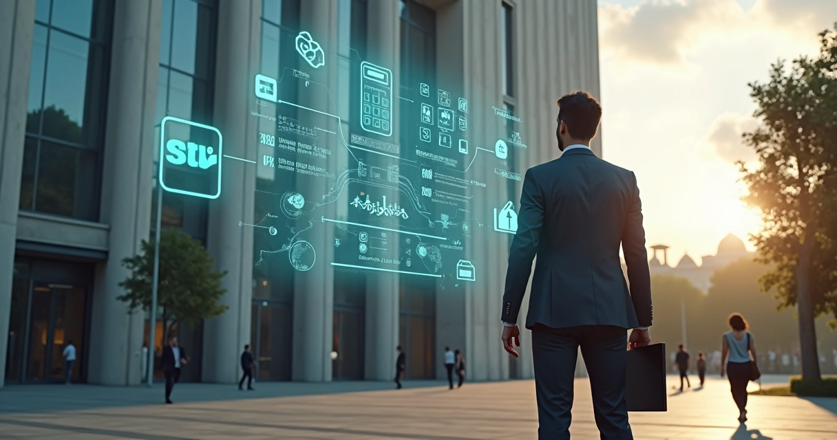 Gestor observa fachada do Banco Central com camada digital de fintech sobreposta 