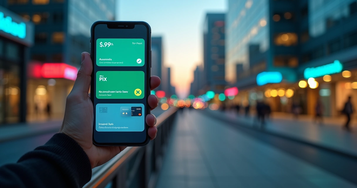 Avenida de fachadas de bancos digitais refletem em smartphone segurado por pessoa 