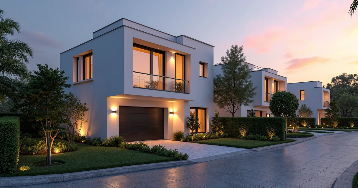 Fachada moderna de casa no condomínio fechado Santorini em Paulínia ao entardecer, com jardim bem cuidado e iluminação externa 