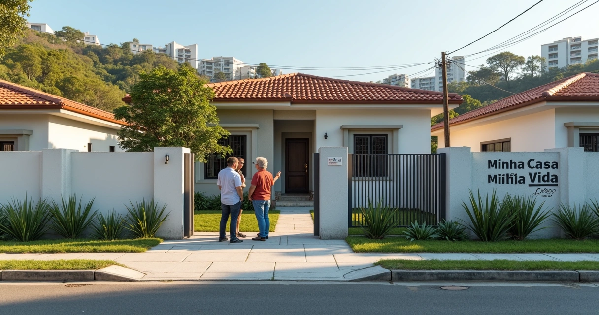 Fachada de casa financiável pelo Minha Casa Minha Vida em bairro residencial urbano 