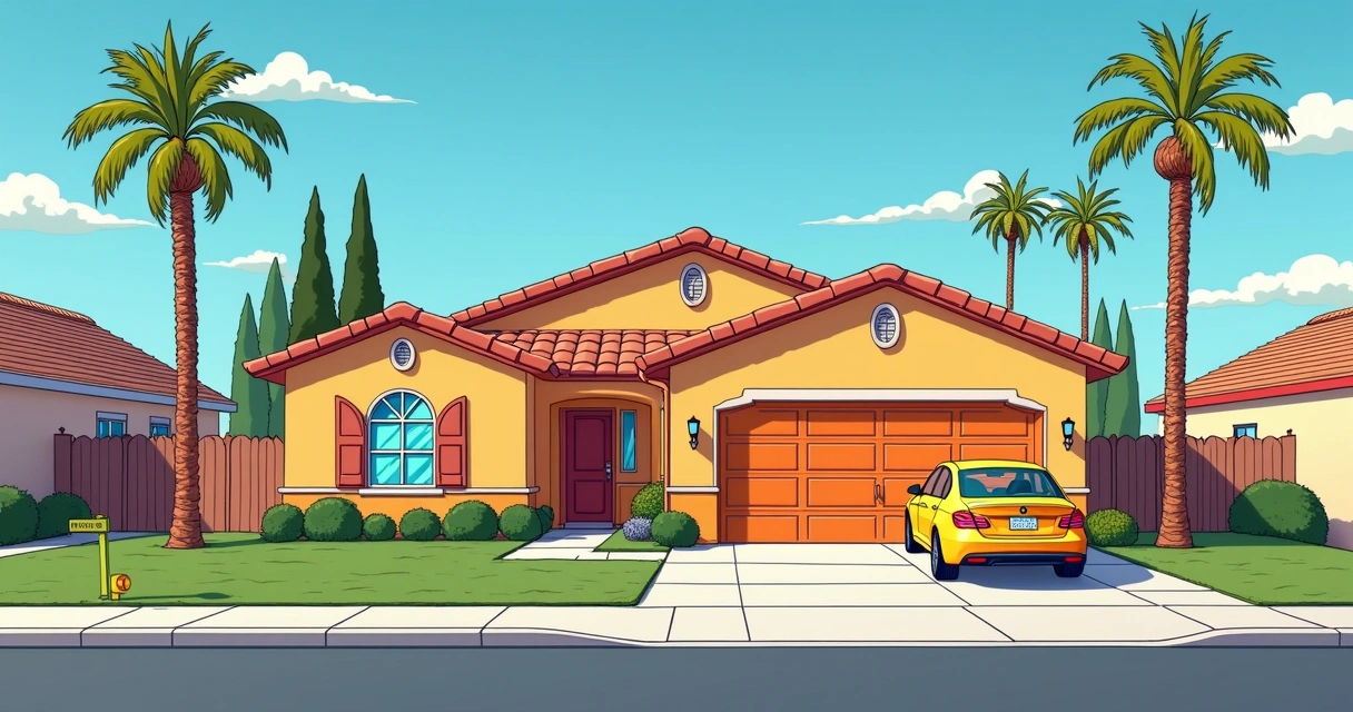 Vibrant facade of The Simpsons' house, with an orange car in the garage