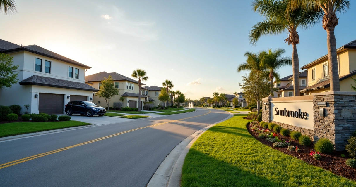 Fachada de casas modernas em condomínio residencial em St. Cloud na Flórida ao entardecer 