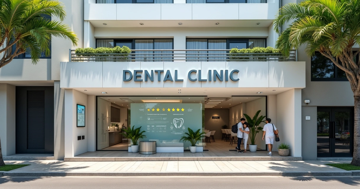 Fachada de clínica odontológica com destaque para avaliações online 