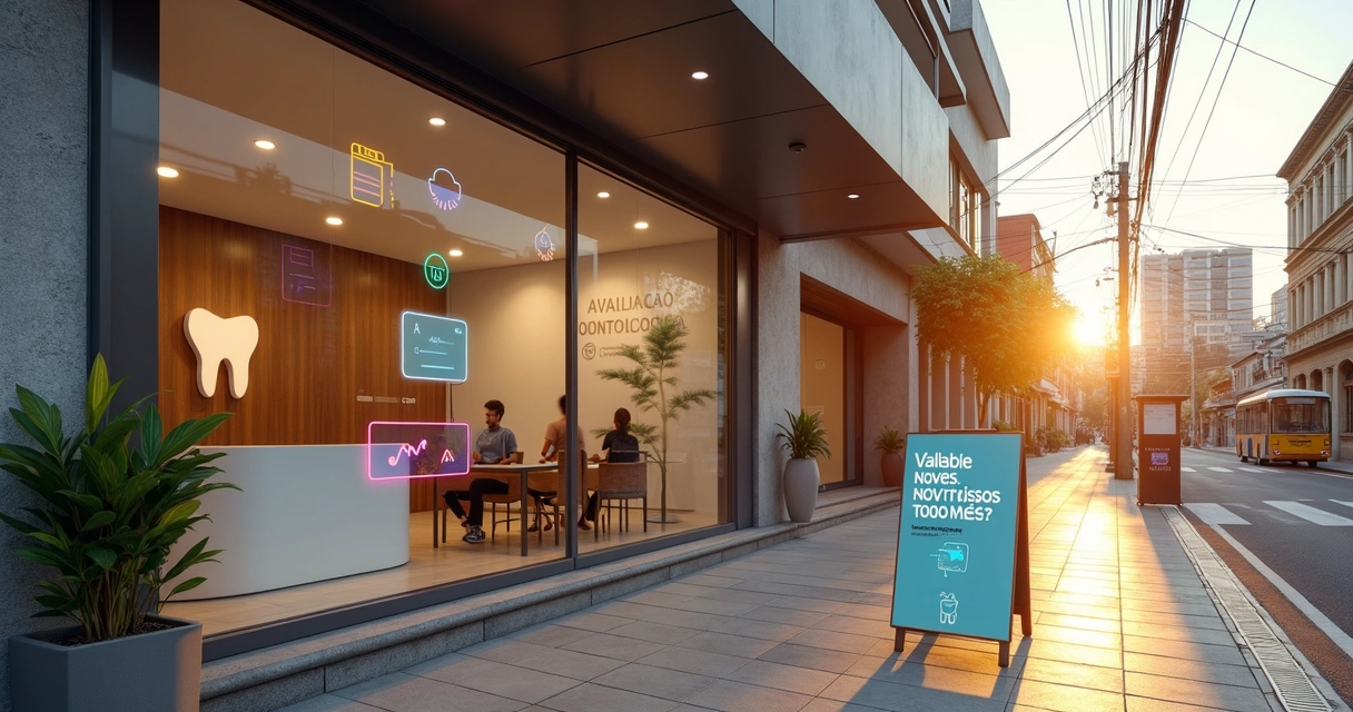 Fachada de clínica odontológica moderna em Diadema com vitrine mostrando resultados de marketing digital 