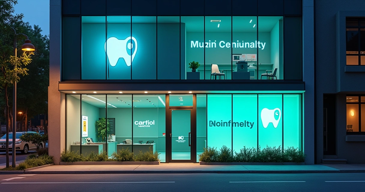 Fachada de clínica odontológica moderna com logotipo e elementos visuais personalizados 