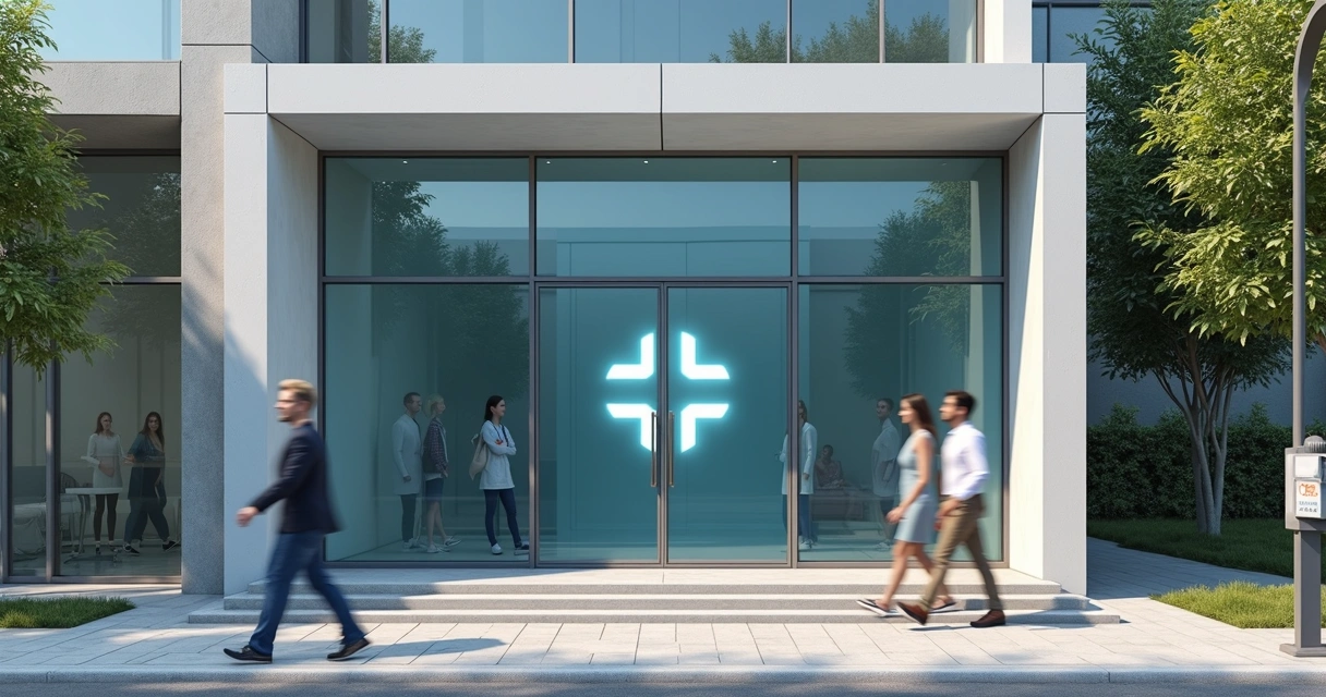 Fachada de clínica médica moderna com logotipo em destaque 