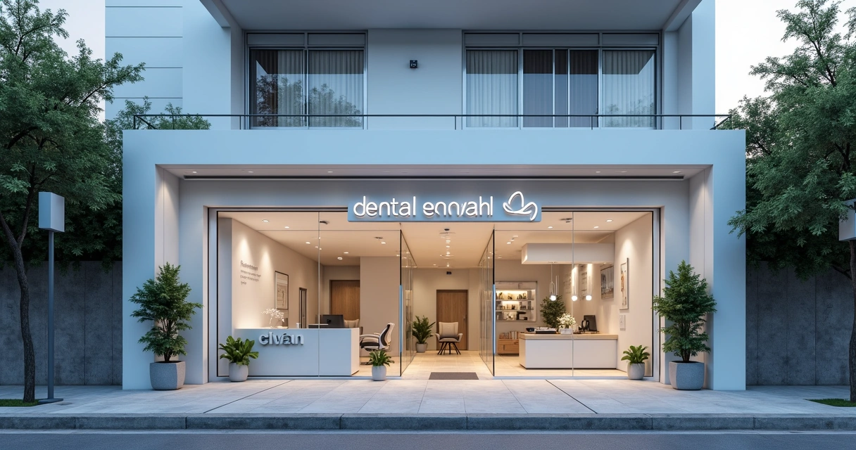Fachada de clínica odontológica moderna em área urbana
