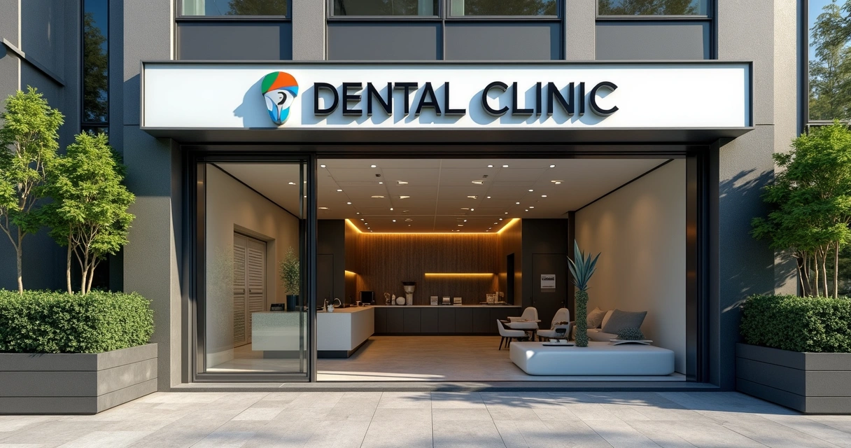 Fachada de clínica odontológica moderna com identificação visível