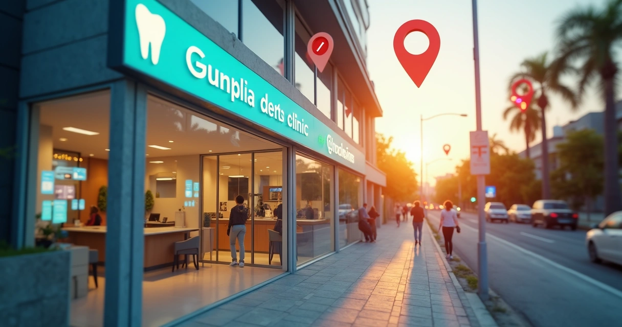 Fachada de clínica odontológica moderna em Aparecida de Goiânia com elementos digitais de marketing ao redor 
