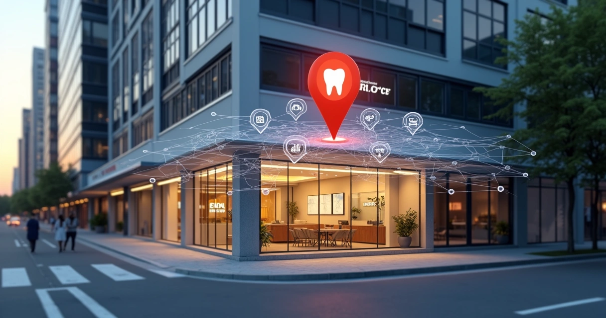 Fachada de clínica odontológica destacada em mapa digital urbano 