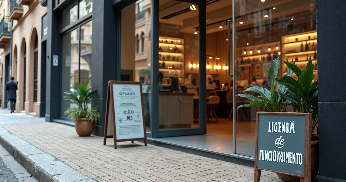 Fachada de estabelecimento comercial com placa de licença 