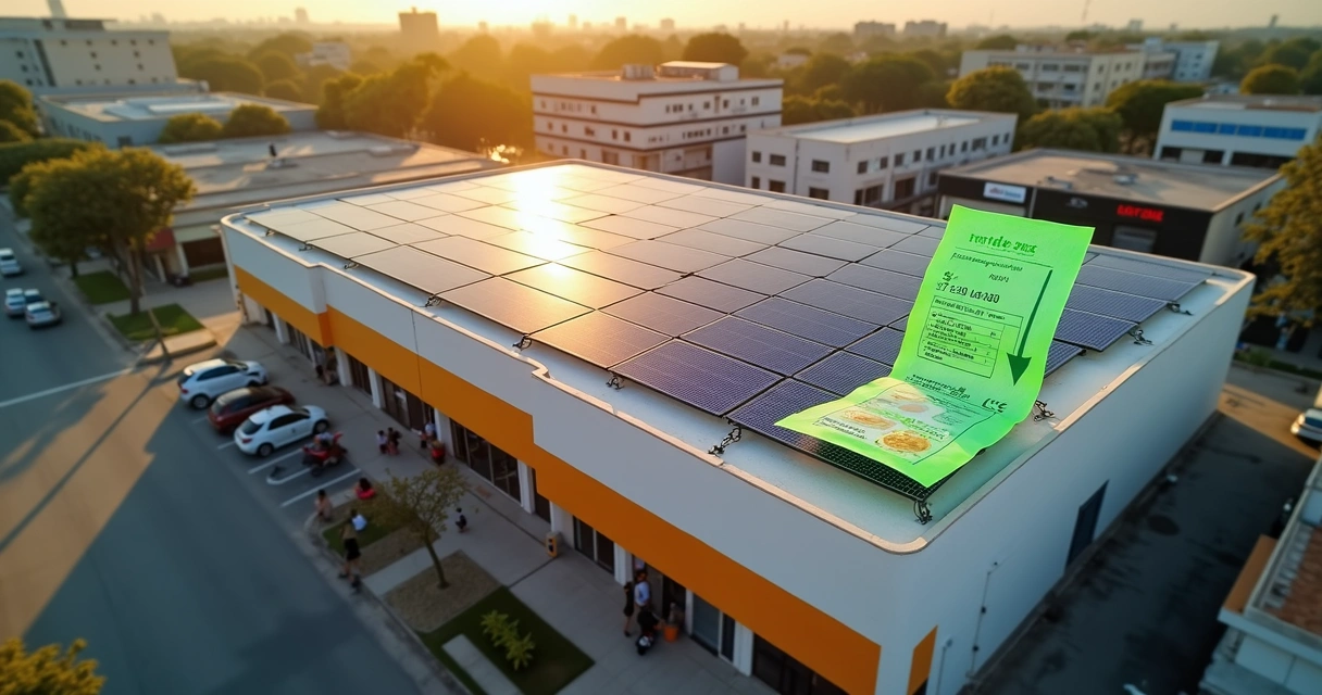 Fachada de comércio com telhado solar vista de cima e símbolo de economia com dinheiro 