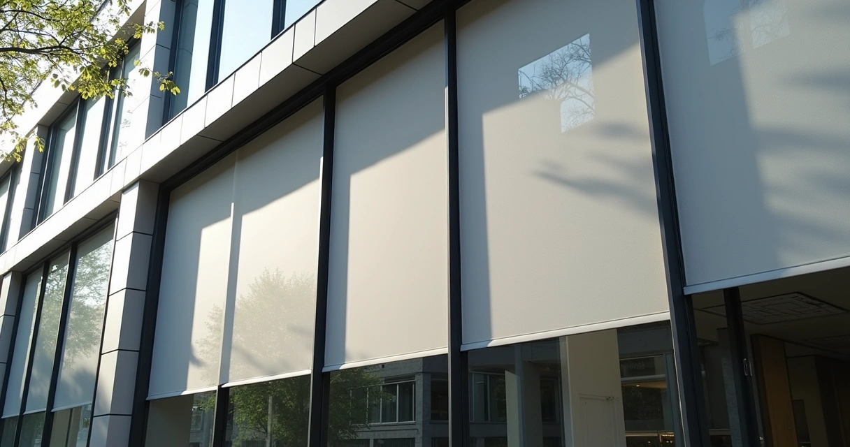 Fachada de prédio comercial com telas solares aplicadas nas janelas 