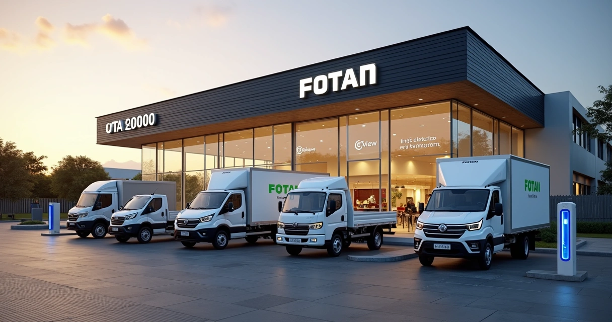 Fachada moderna de concessionária Foton com caminhão elétrico e vans expostos ao entardecer 