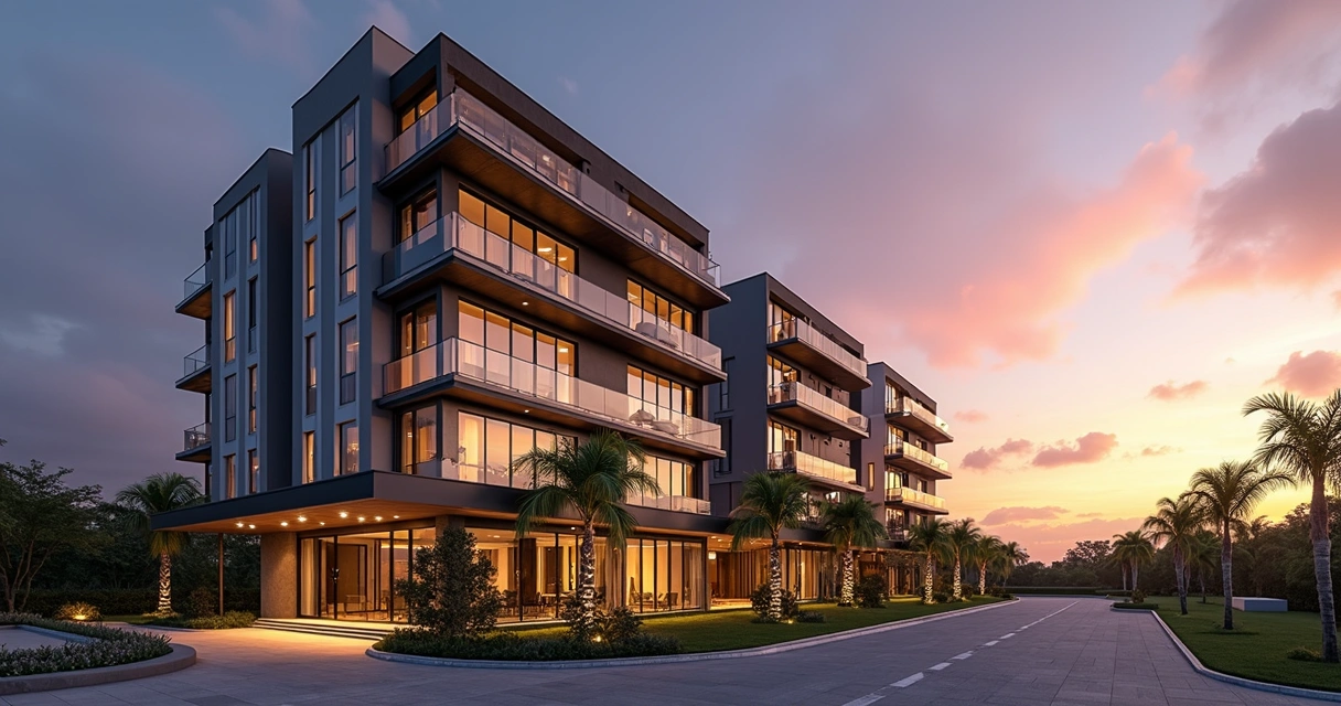 Fachada do condomínio Royal Boulevard Premium em Araçatuba ao entardecer 