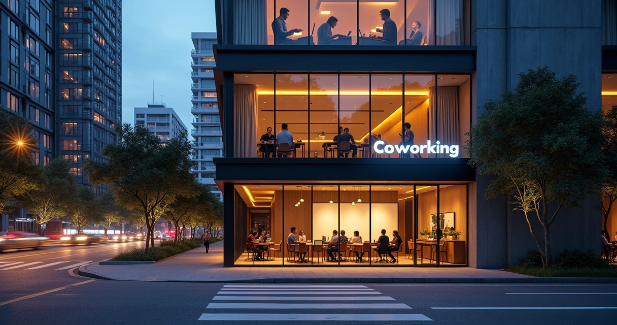 Fachada envidraçada de coworking moderno em BH à noite com movimento urbano 