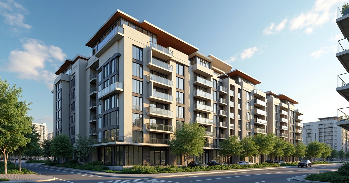 Fachada de edifício residencial moderno, com arquitetura contemporânea 