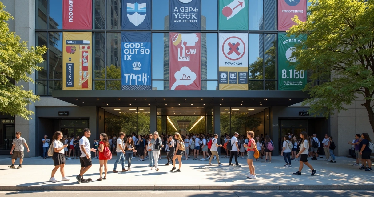 Fachada de moderna escola de inglês em Sydney, com bandeiras de vários países 