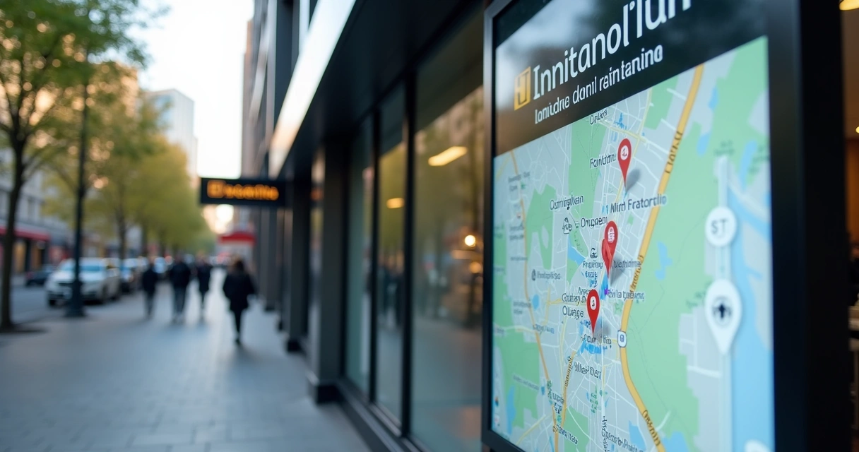 Fachada de escritório contábil com placa visível e mapa digital ao fundo 