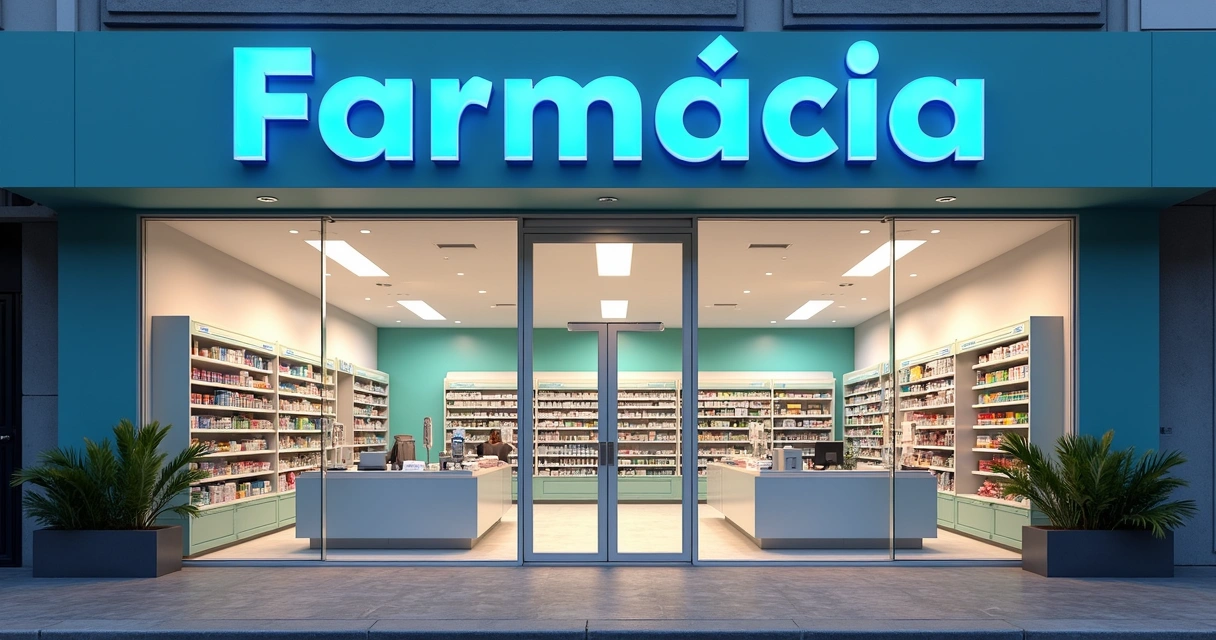 Fachada de farmácia moderna e bem sinalizada 