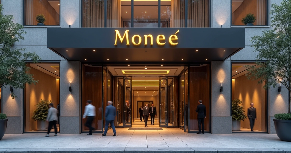 Fachada de edifício moderno com letras douradas Monee, pessoas entrando e saindo, cores neutras e clima corporativo 