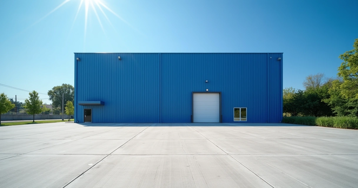 Galpão industrial limpo com fachada azul e pátio vazio 
