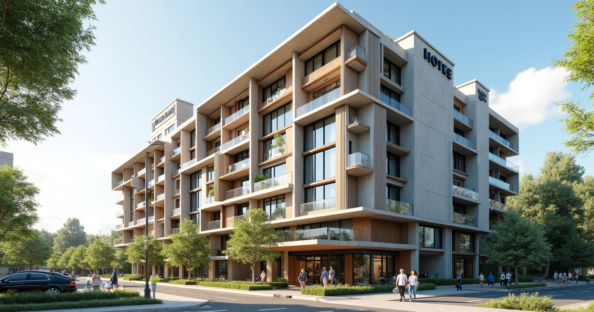 Vista da fachada de um hotel moderno com diferentes andares ajustados ao terreno 