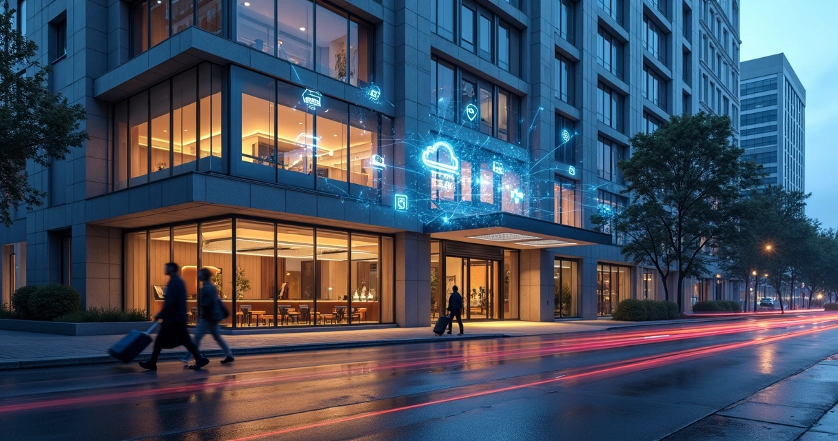 Fachada de hotel moderno com elementos digitais integrados na arquitetura 