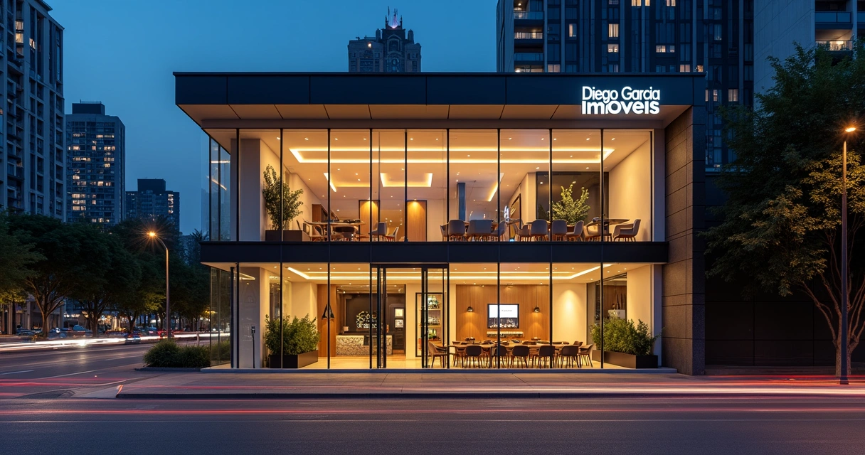 Fachada iluminada de uma imobiliária moderna em Belo Horizonte à noite 