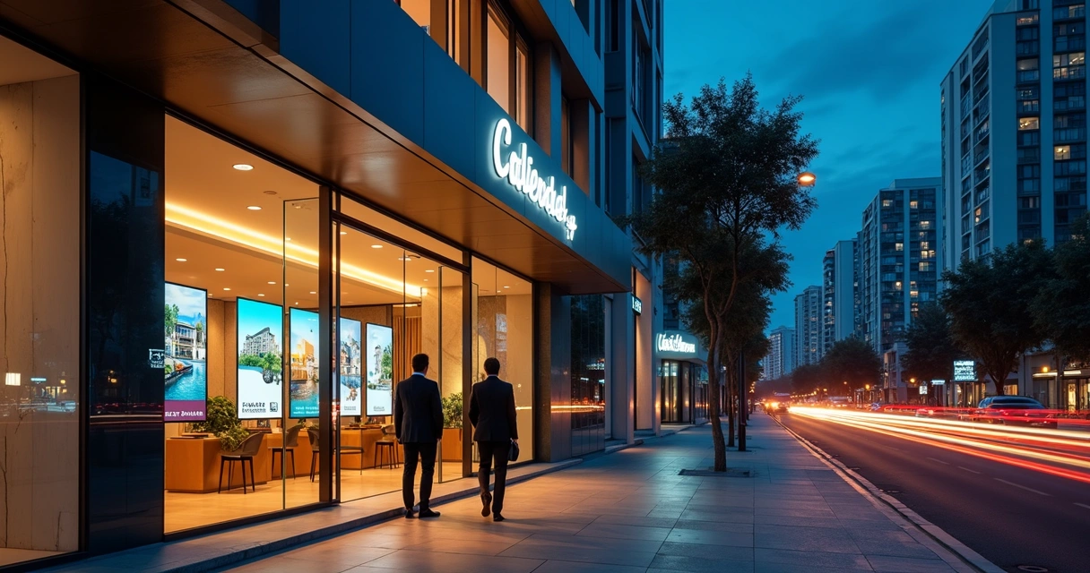 Fachada de imobiliária moderna iluminada em avenida urbana à noite 