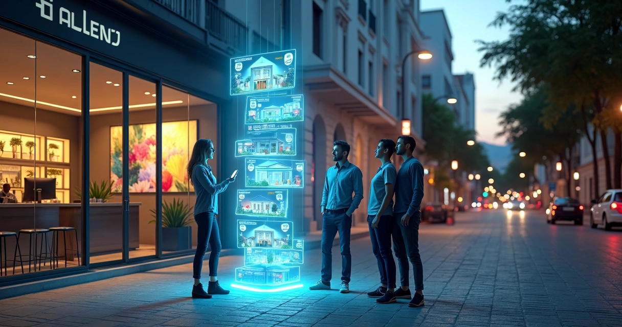 Fachada de imobiliária com holograma de IA exibindo imóveis digitais na calçada 