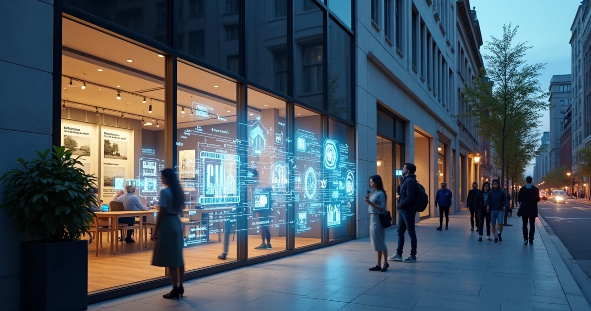 Fachada de imobiliária à noite com hologramas de IA exibindo dados de imóveis 