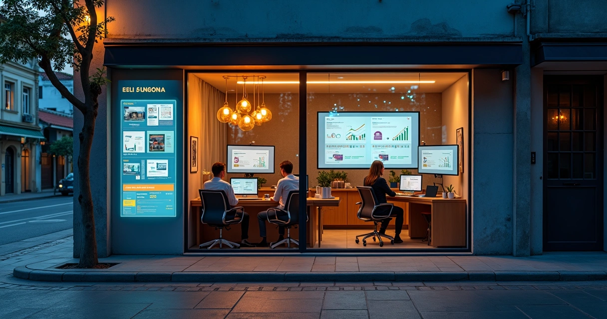 Fachada de pequena imobiliária à noite com vitrine digital e gráficos de vendas 